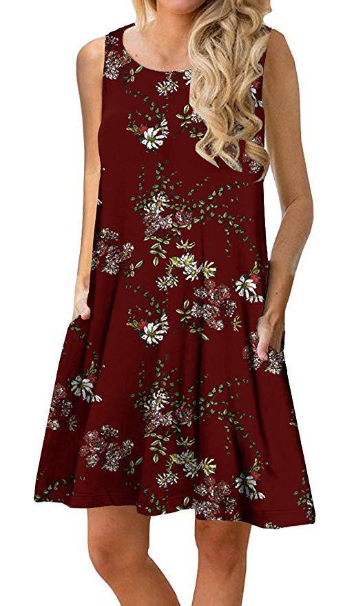 Women's sleeveless floral mini dress with practical side pockets, size