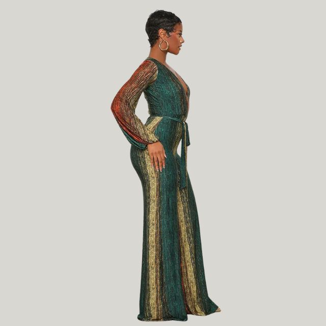 GR | Metallic pleated jumpsuit with wide leg and belt 