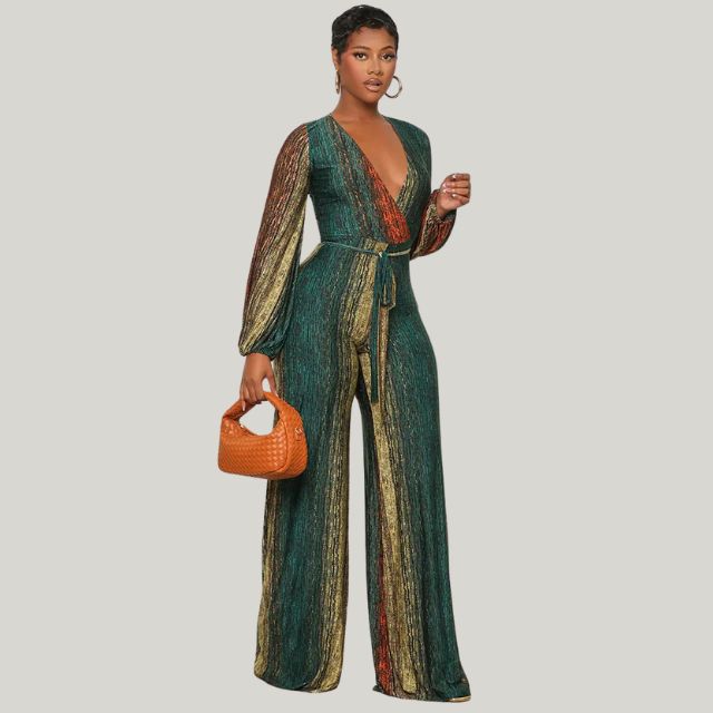 GR | Metallic pleated jumpsuit with wide leg and belt 