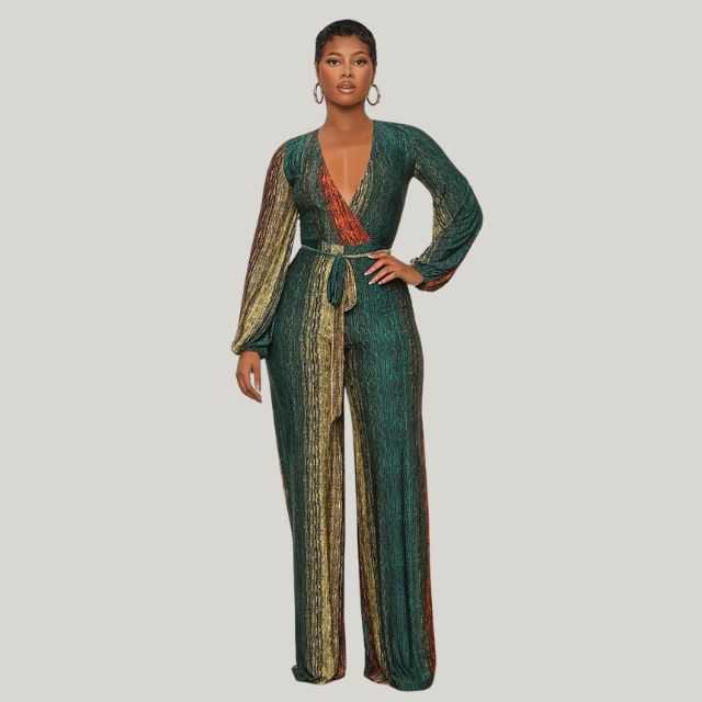 GR | Metallic pleated jumpsuit with wide leg and belt 