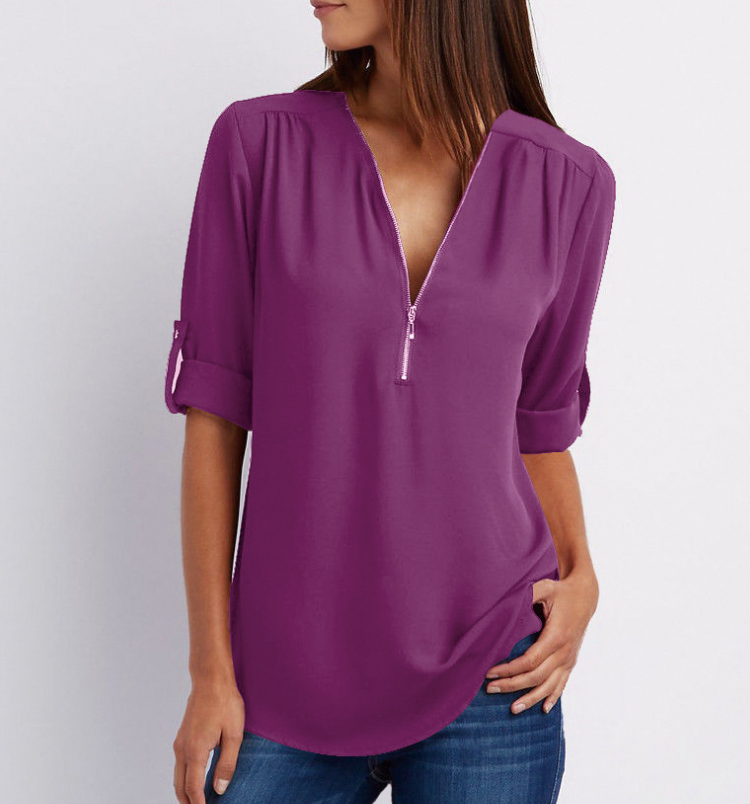 GR Short-sleeved shirt with zipper and V-neck - Loose tops