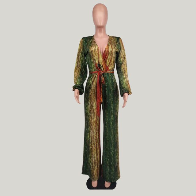 GR | Metallic pleated jumpsuit with wide leg and belt 