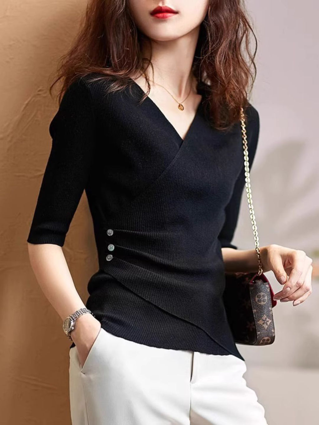 GR | Casual V-neck solid color knit top green 