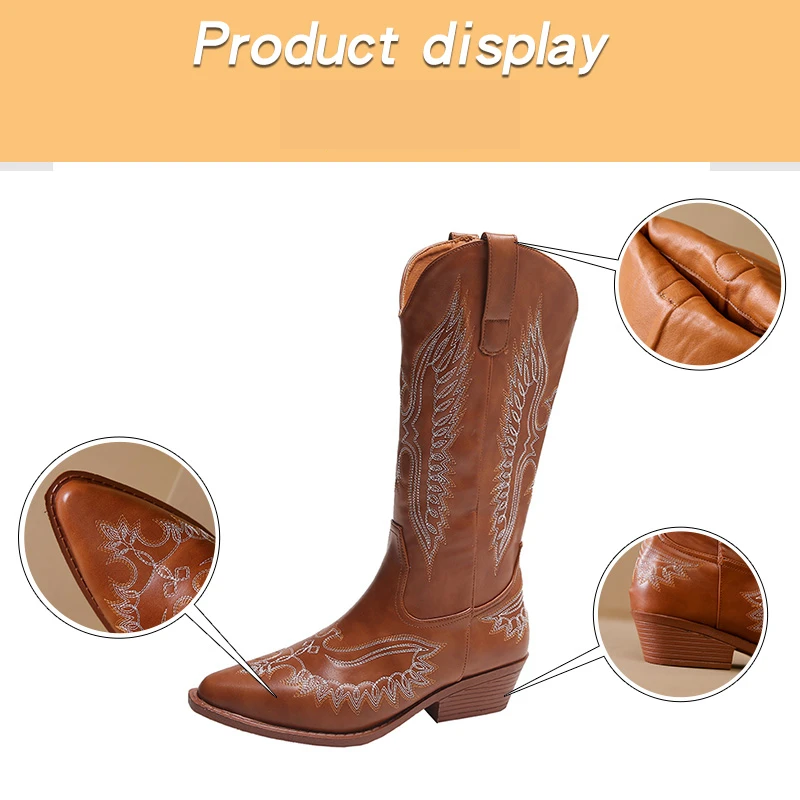 GR | Western boots with detailed embroidery & low heel, women's cowboy boots