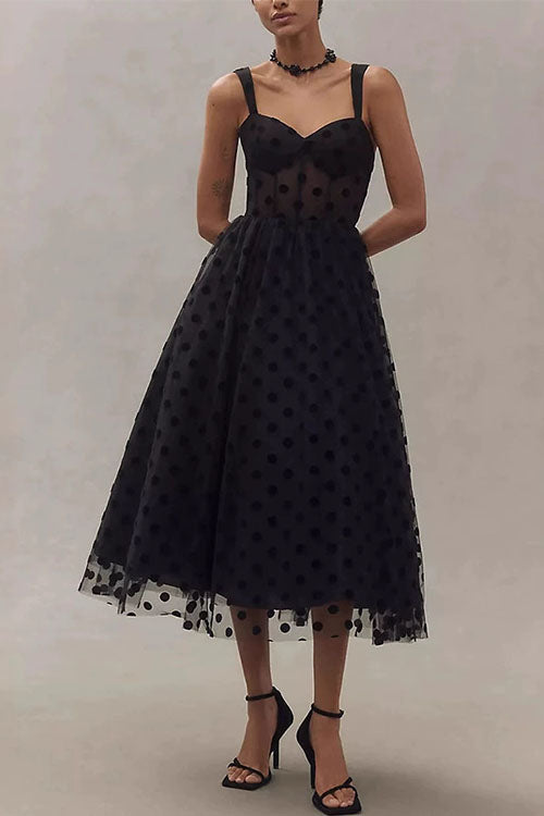 GR | Rosiekleid V-Ausschnitt Polka Dot Mesh A-Linie Midi Cami Kleid