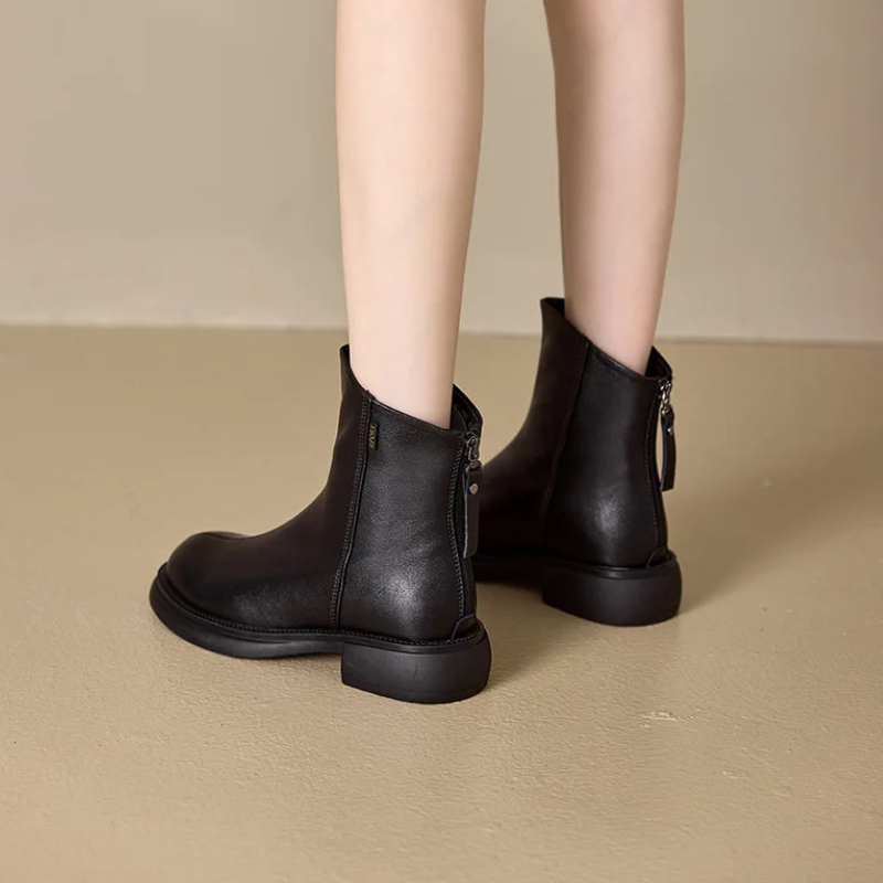 GR | Women's Leather Ankle Boots with Back Zipper and Low Heel