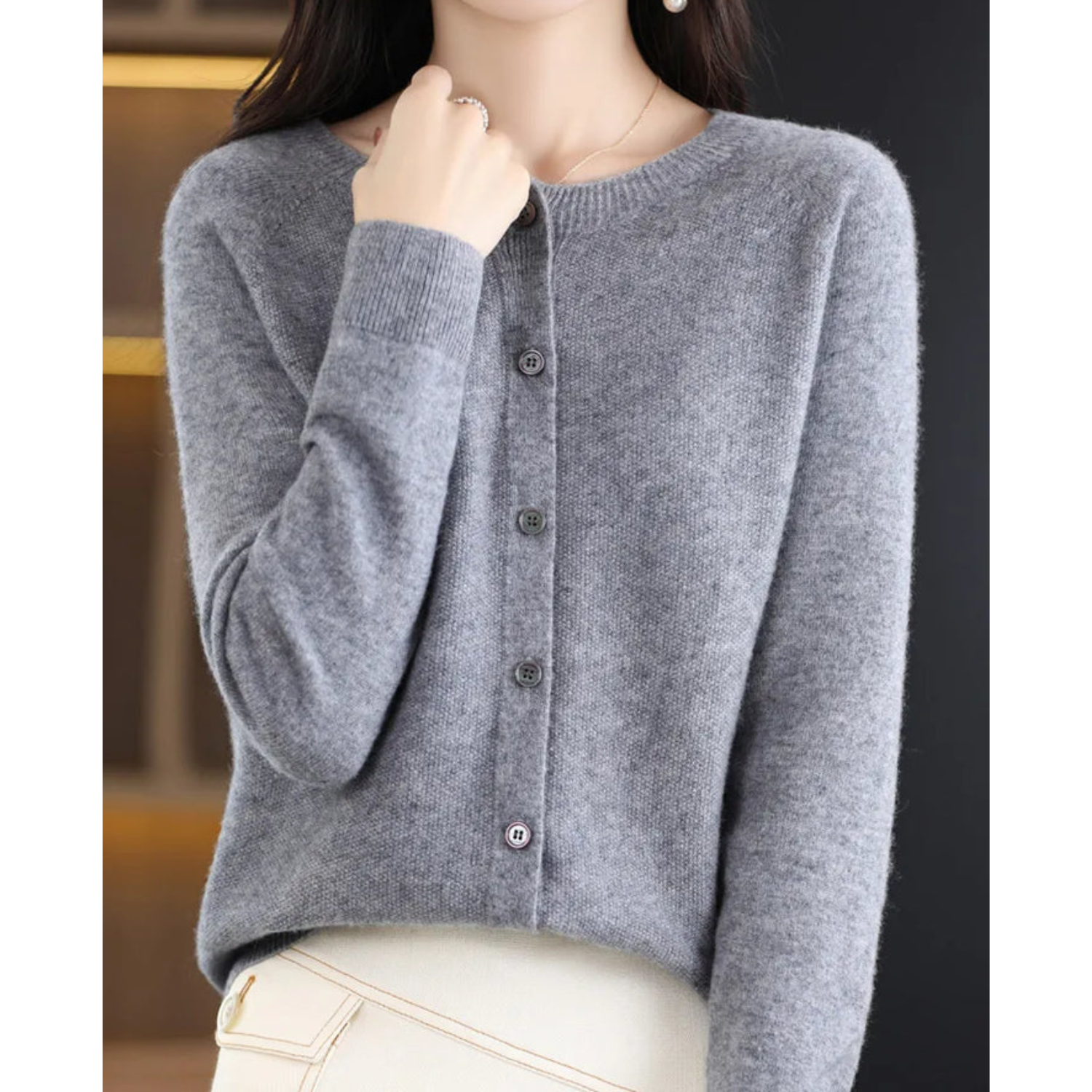 GR | Damen-Strickjacke Mit O-Ausschnitt Aus 100 % Reiner Merinowolle, Kaschmirpullover