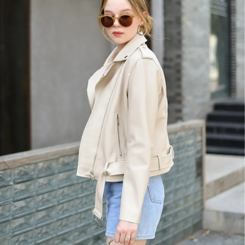 GR | Women's biker leather jacket with zippers and belt