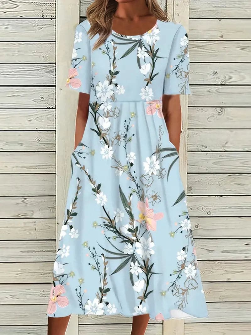 GR | Midi Kleid Blumendes Muster Rundhals Kurze Ärmel Luftig und Bequem