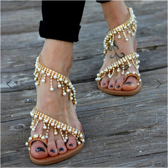 GR | Orthopedic Sandals Flat Pearl Comfortable String Pearl Slippers 