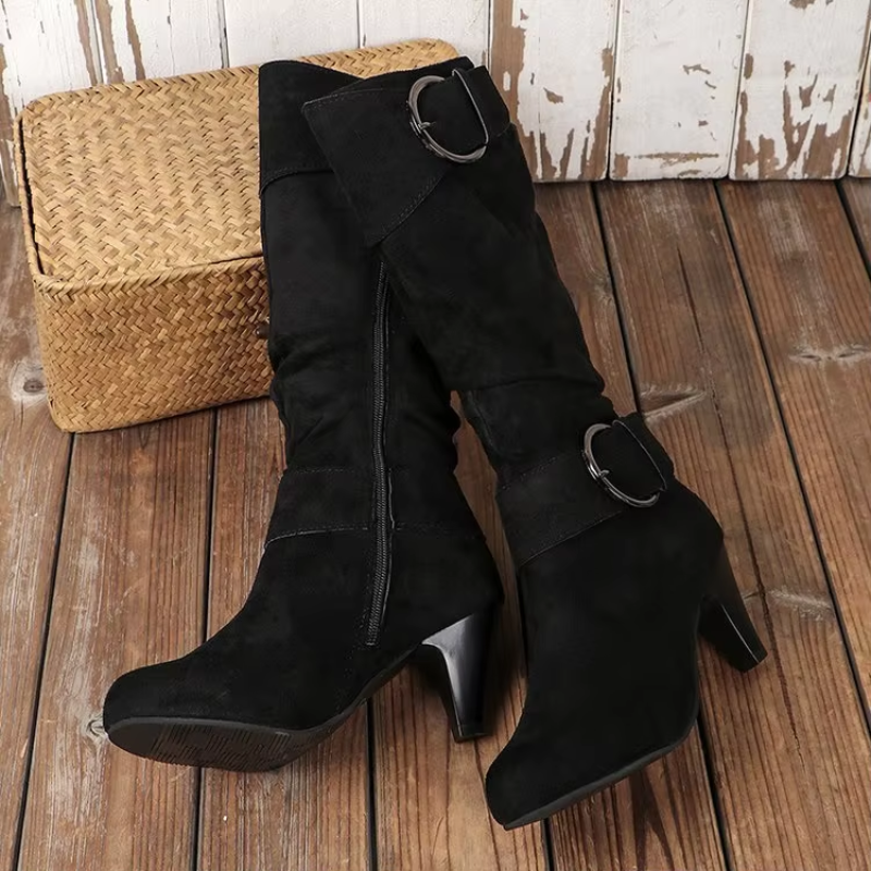 GR | Women's Knee-Length Boots with Zipper and Buckle Stylish High Boots