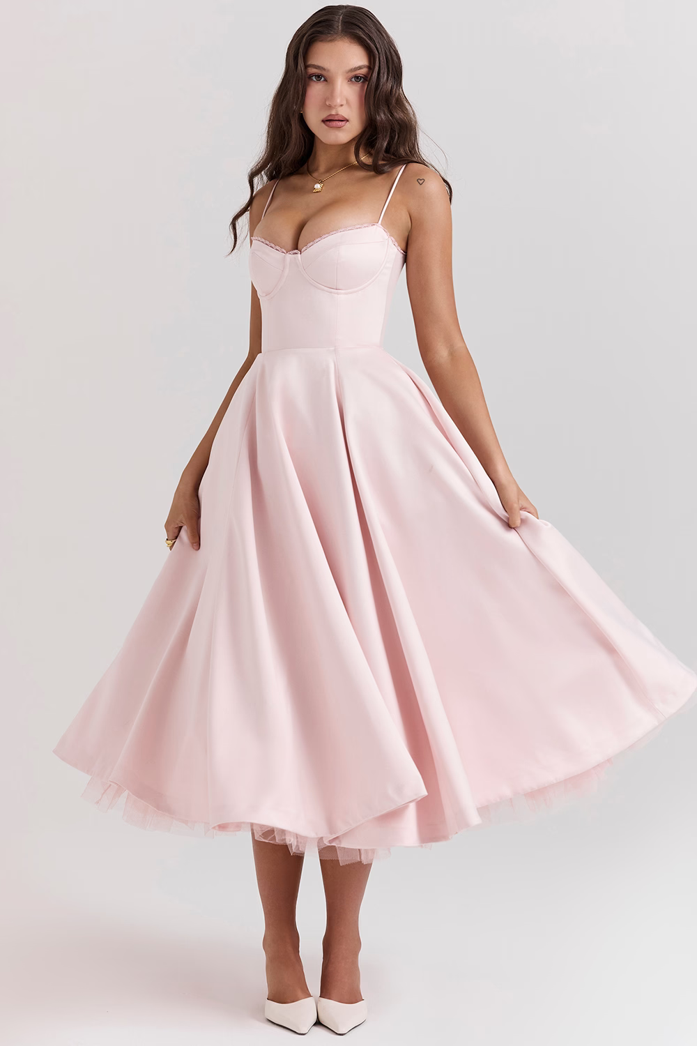 GR | A-linie Midi Kleid Spaghetti Träger Spitzen Detail Elegante Formelle Kleidung