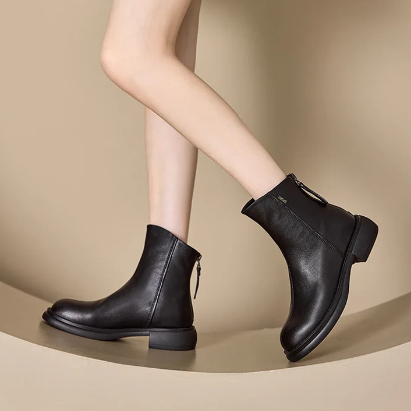 GR | Women's Leather Ankle Boots with Back Zipper and Low Heel