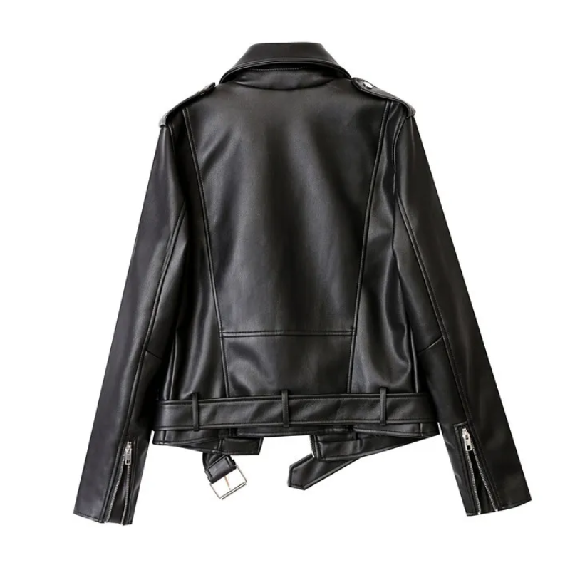 GR | Women's biker leather jacket with zippers and belt