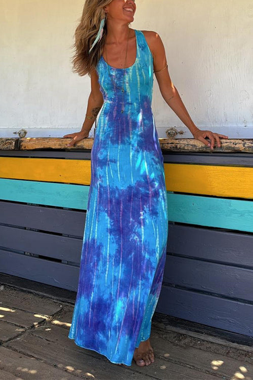 GR | Scoop Neck Backless Criss Cross Tie Dye Maxi Dress
