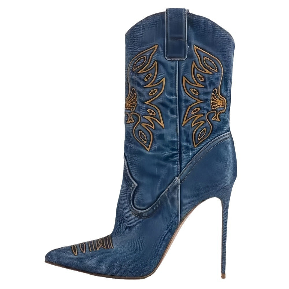 GR | Women's Fashion Western Denim Style High Heels Boots