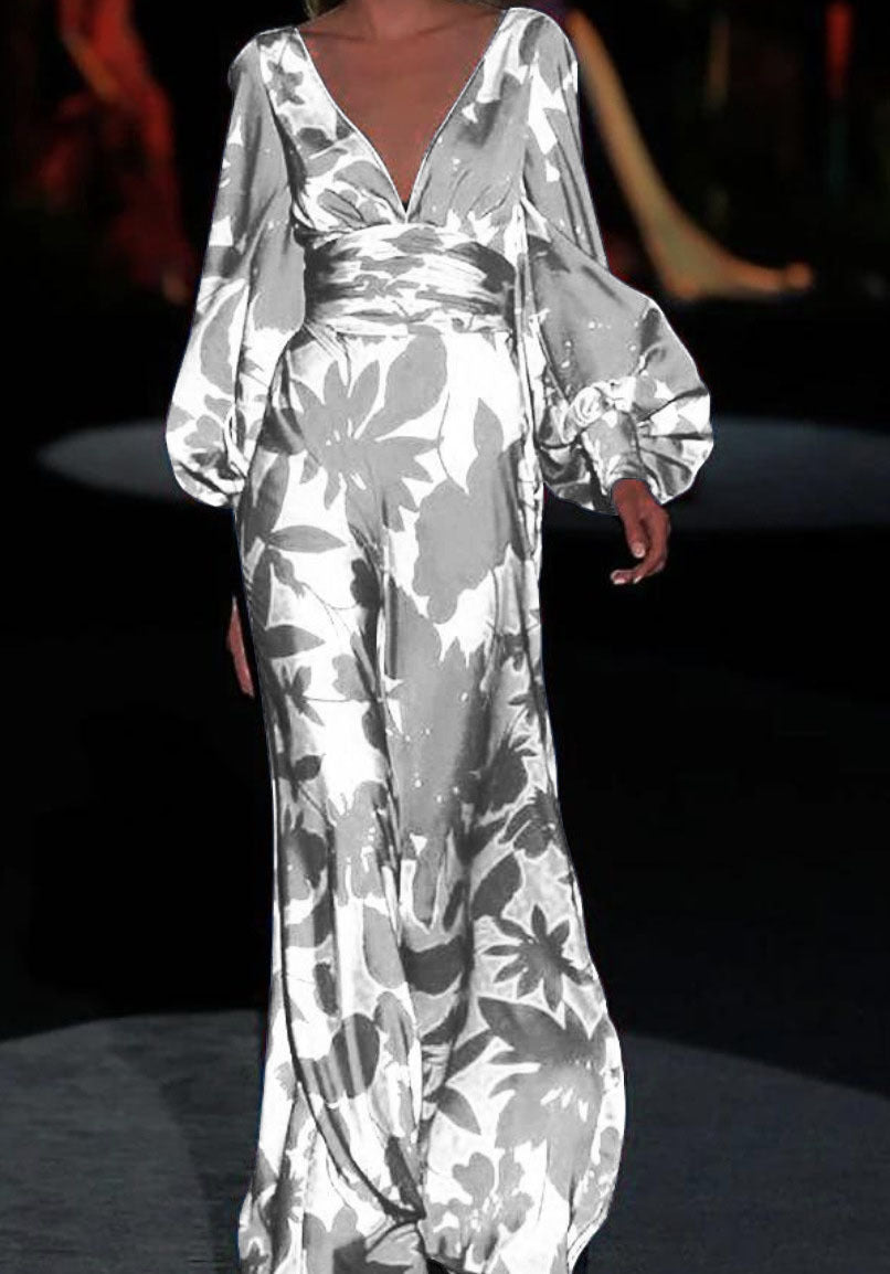Women's Elegant Maxi Jumpsuit with Floral Patterns and Deep V-Neck Size