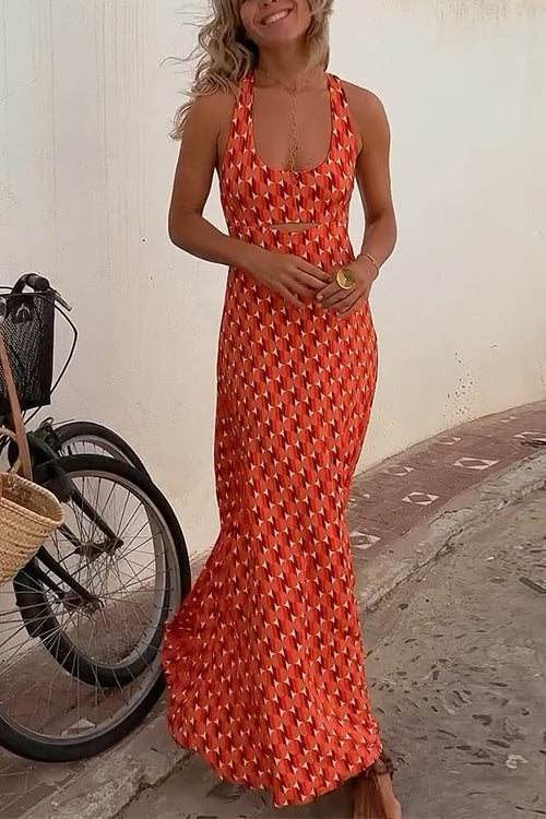 GR | Scoop Neck Backless Geometric Print Maxi Cami Dress