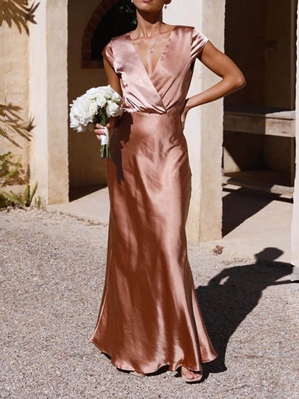 GR | Satin fishtail maxi dress with V-neck for women