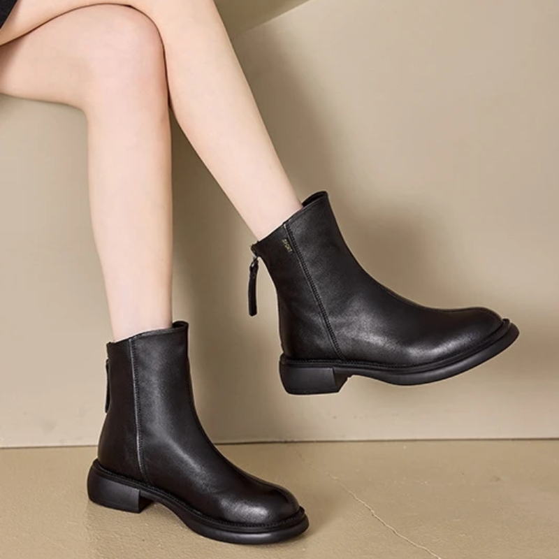 GR | Women's Leather Ankle Boots with Back Zipper and Low Heel