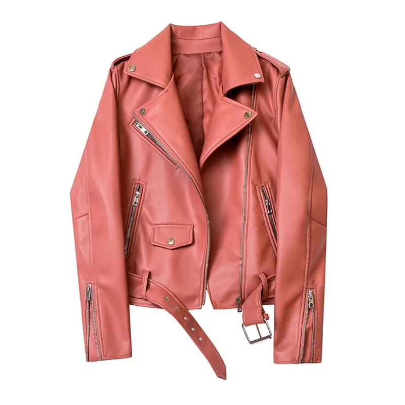 GR | Women's biker leather jacket with zippers and belt
