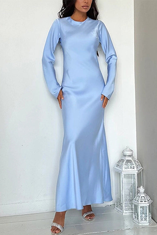 GR | Rosiedress Rundhals Lange Ärmel Satin Maxi Partykleid