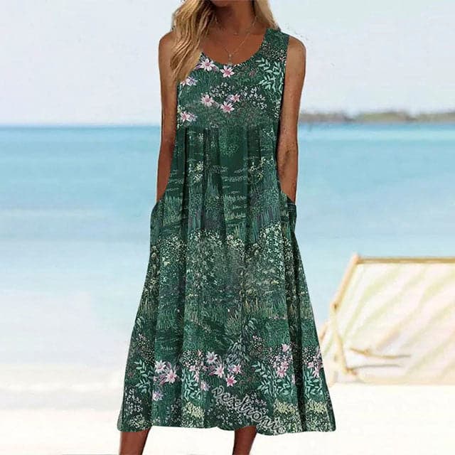 GR | Sommerkleid Ärmellos A-Förmig Midi Blumenmuster mit Taschen