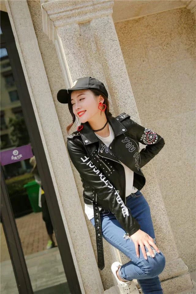 GR | Women's Leather Jacket with Cool Print