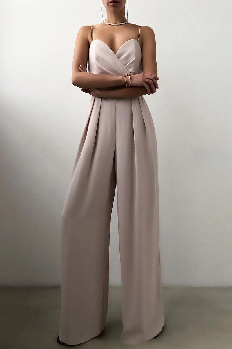 GR | Casual Solid Color Patchwork V-Neck Loose Jumpsuits
