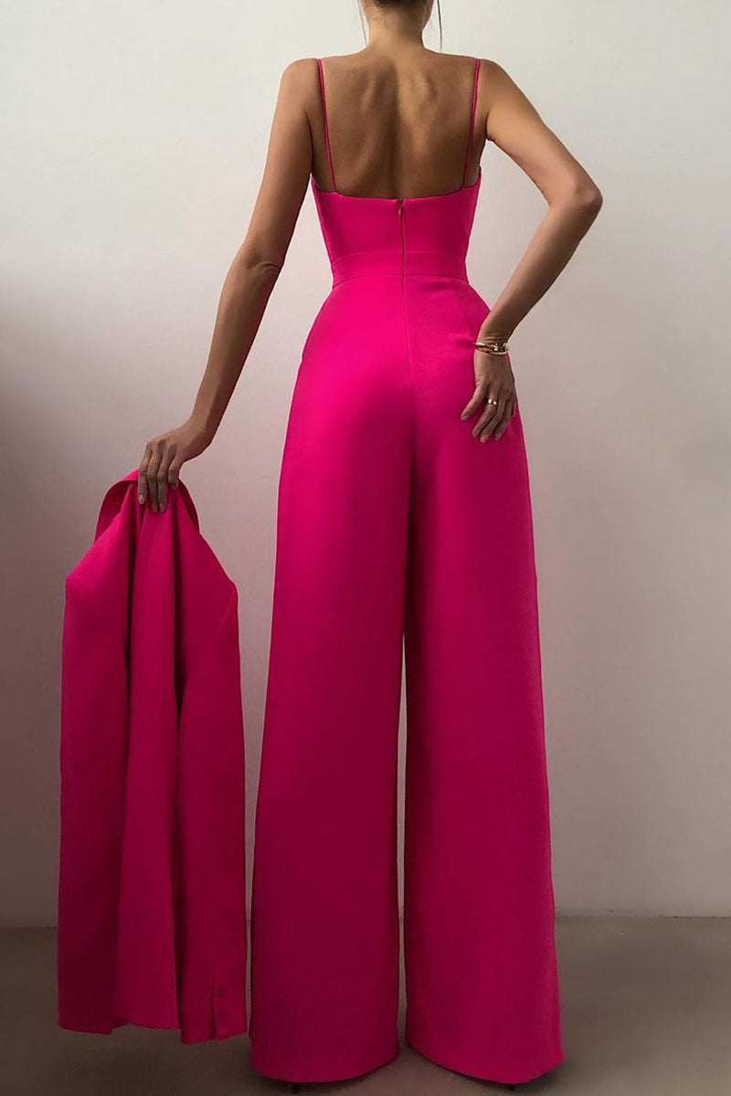 GR | Casual Solid Color Patchwork V-Neck Loose Jumpsuits