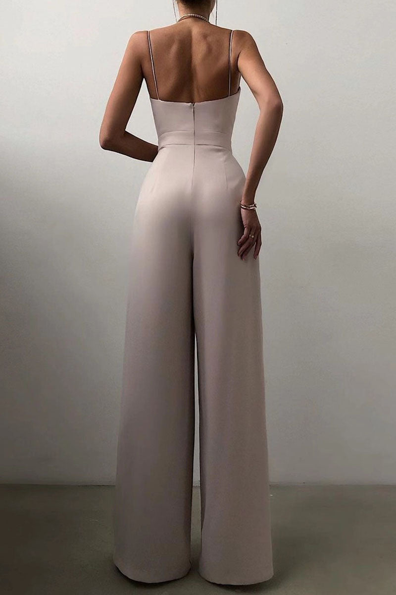 GR | Casual Solid Color Patchwork V-Neck Loose Jumpsuits