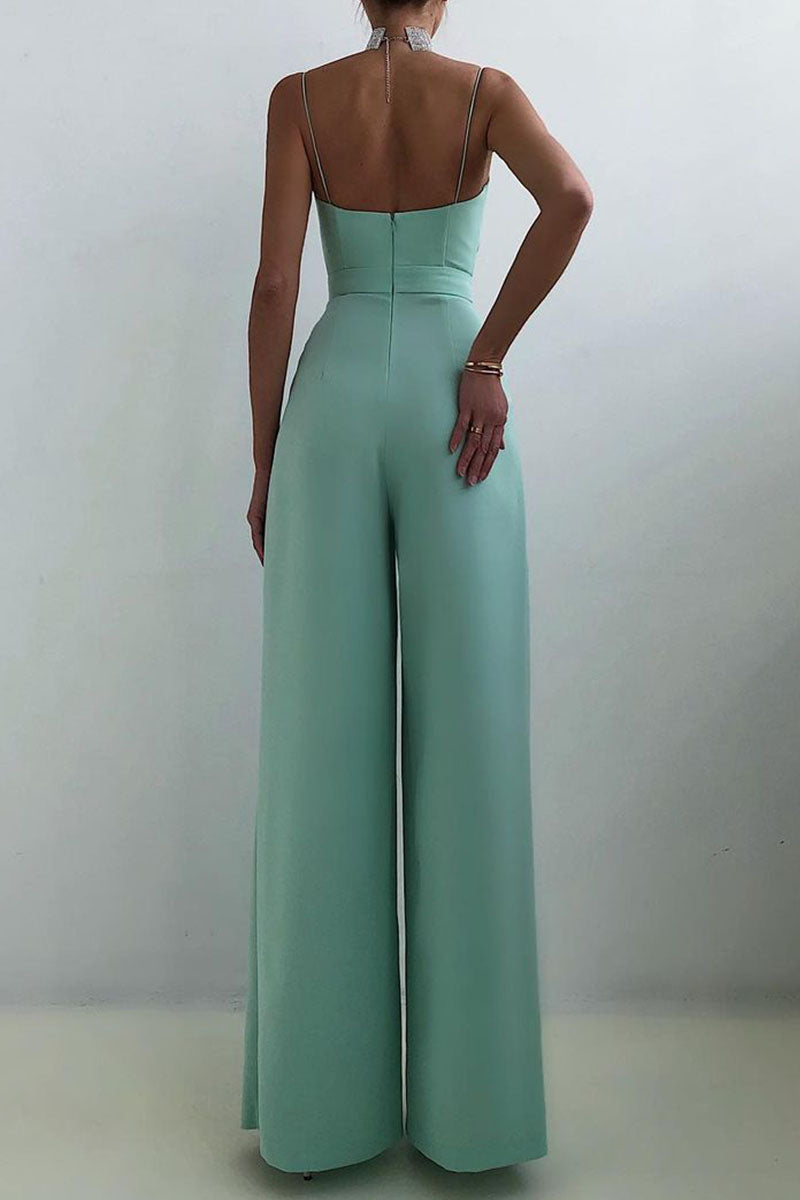 GR | Casual Solid Color Patchwork V-Neck Loose Jumpsuits