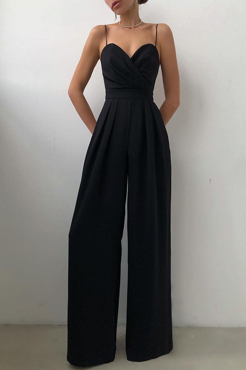 GR | Casual Solid Color Patchwork V-Neck Loose Jumpsuits