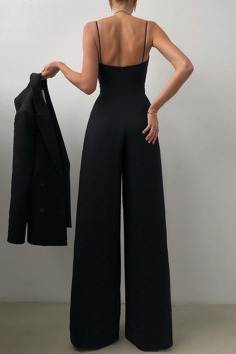 GR | Casual Solid Color Patchwork V-Neck Loose Jumpsuits