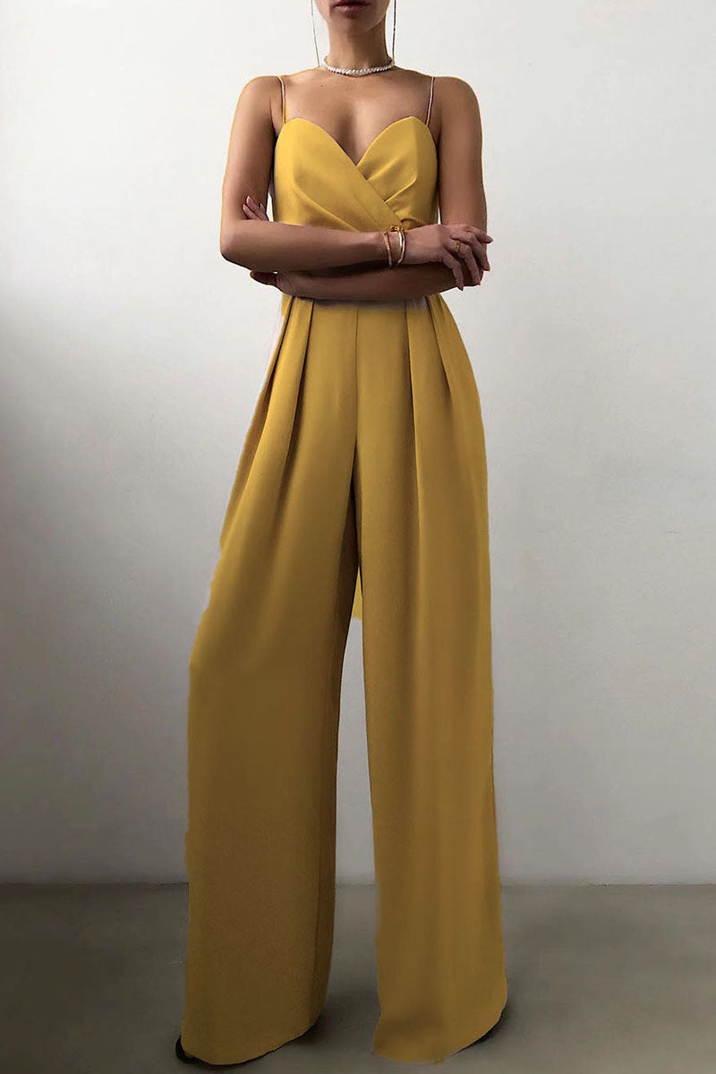 GR | Casual Solid Color Patchwork V-Neck Loose Jumpsuits
