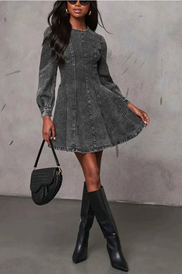 GR | Fade Into You Denim Prinzessinnenlinie Rückenreißverschluss Flare Stretch Mini Kleid