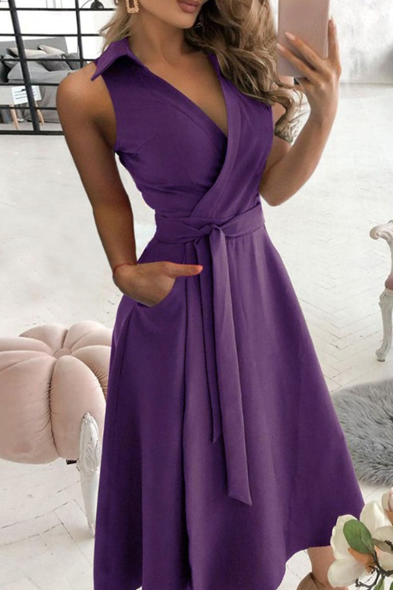 GR | Street Solid Patchwork V-Neck A-Line Dresses