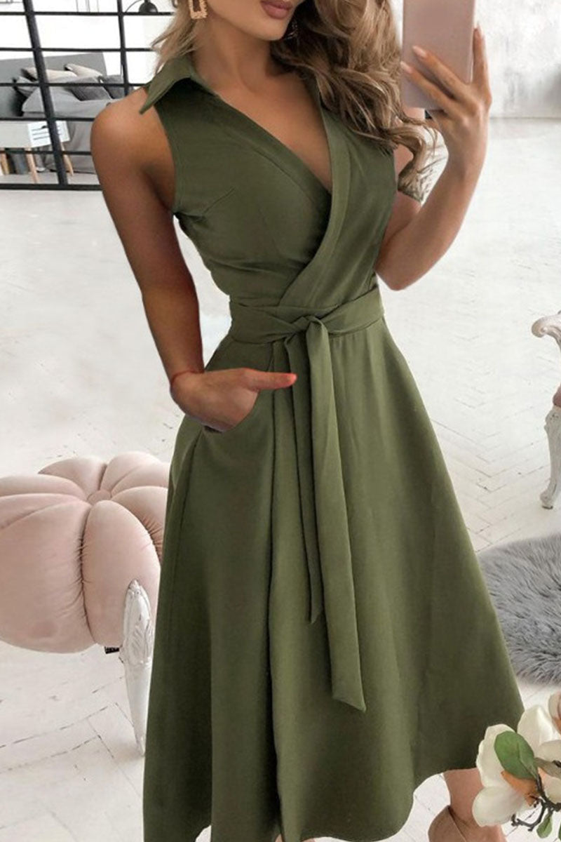 GR | Street Solid Patchwork V-Neck A-Line Dresses