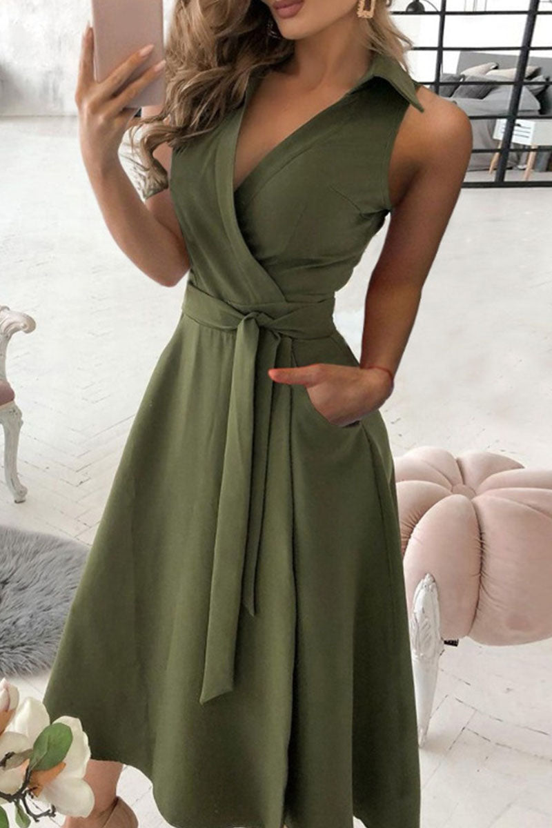 GR | Street Solid Patchwork V-Neck A-Line Dresses