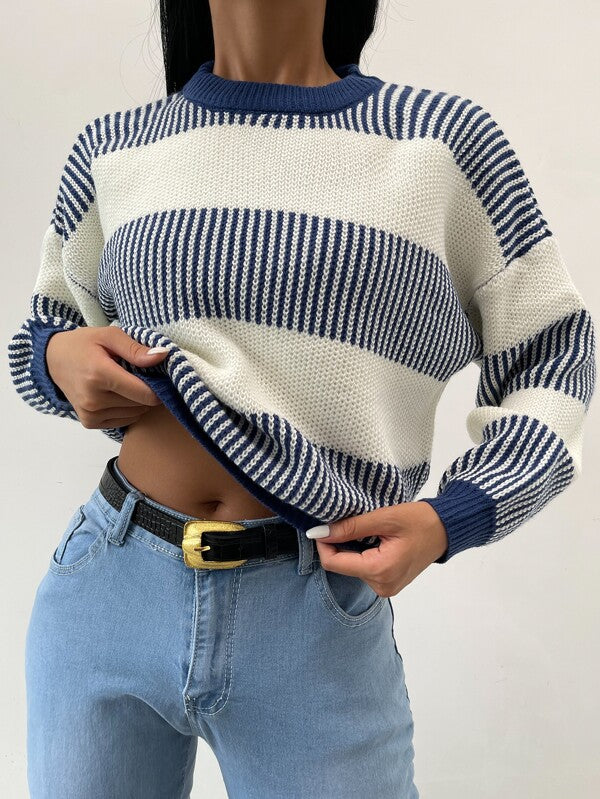 GR | Lässiger Blauer Gestreifter Pullover Für Frauen