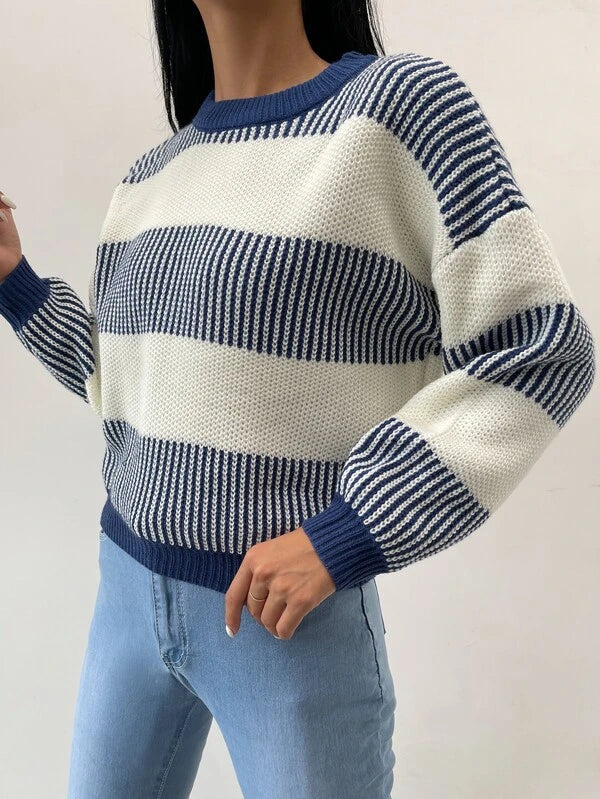 GR | Lässiger Blauer Gestreifter Pullover Für Frauen