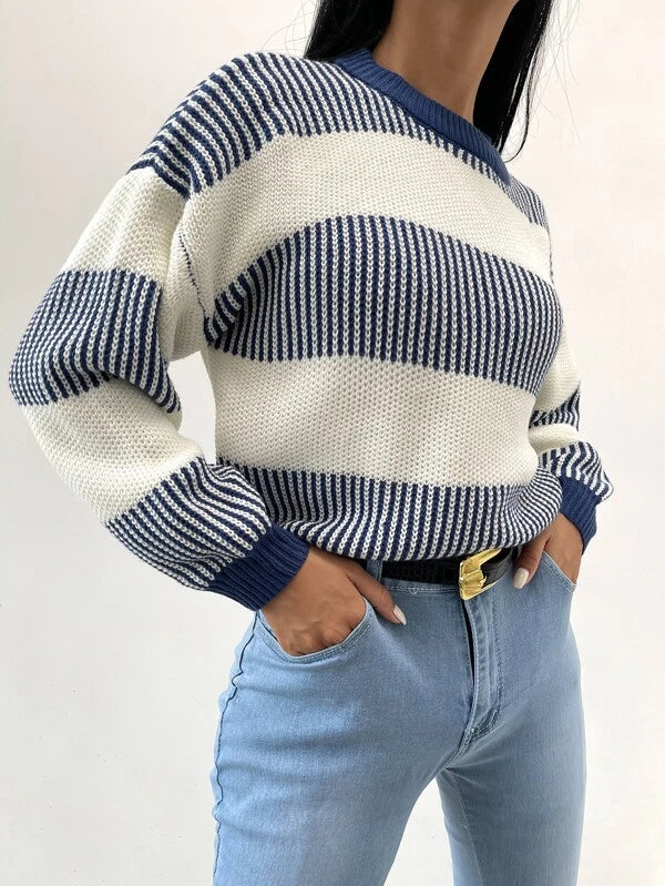 GR | Lässiger Blauer Gestreifter Pullover Für Frauen