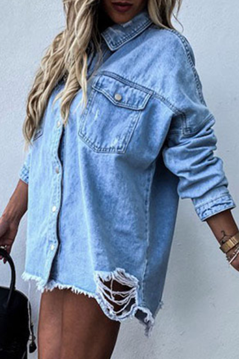 GR | Ripped Old Turned-Up Collar Long Sleeve Denim Jacket