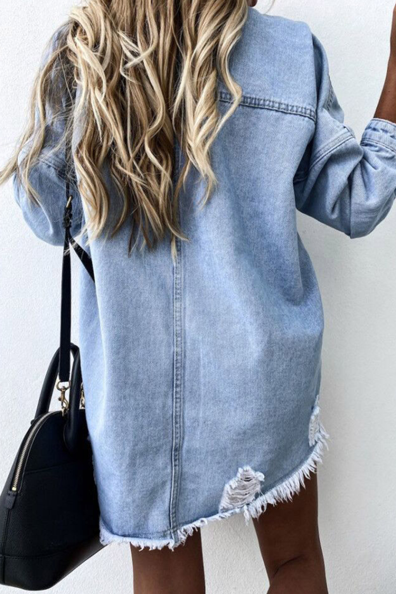 GR | Zerrissene Alte Umgeschlagene Kragen Lange Ärmel Denim Jacke