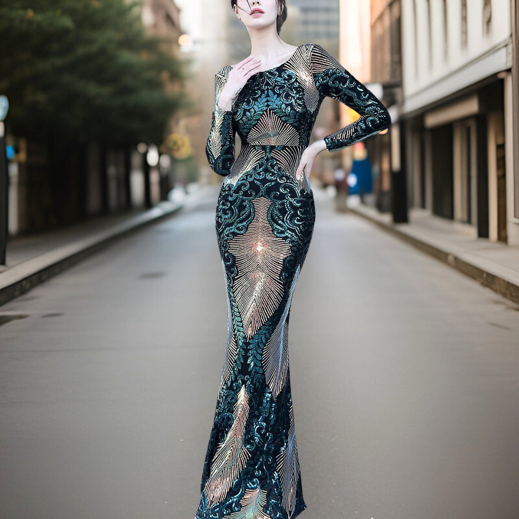 GR - High-quality, backless sequined dress 