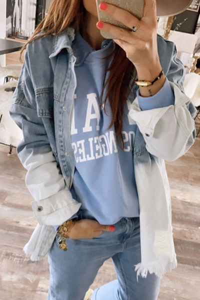 GR | Ripped Old Turned-Up Collar Long Sleeve Denim Jacket