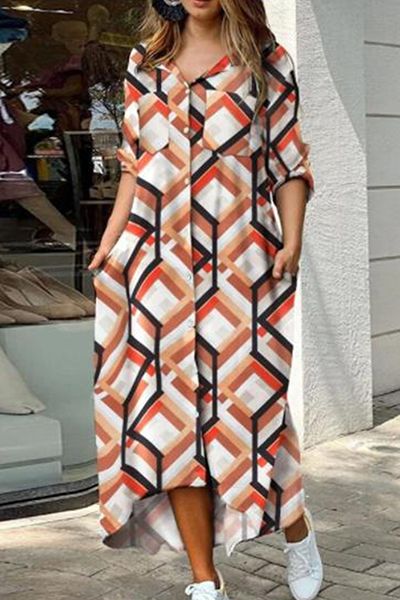 GR | Casual Print Camouflage Print Sequin Buckle Turn-Up Collar Shirt Dress Dresses