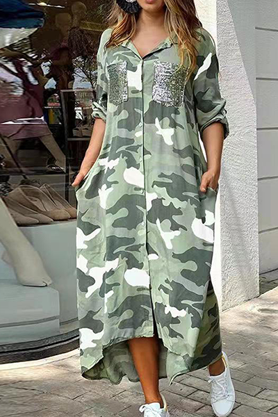 GR | Casual Print Camouflage Print Sequin Buckle Turn-Up Collar Shirt Dress Dresses