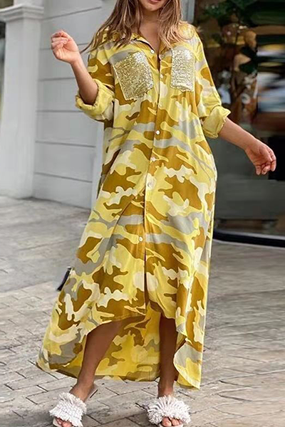 GR | Casual Print Camouflage Print Sequin Buckle Turn-Up Collar Shirt Dress Dresses