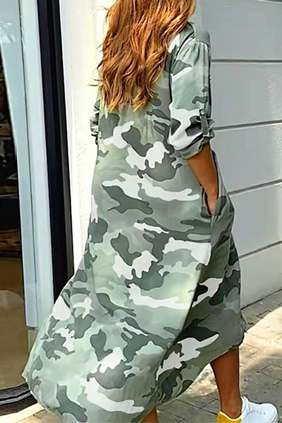 GR | Casual Print Camouflage Print Sequin Buckle Turn-Up Collar Shirt Dress Dresses